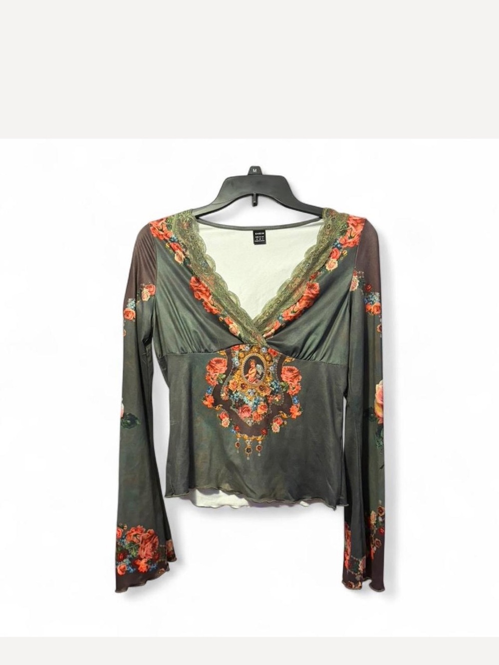 SHEIN Olive Green Floral Lace-Trim V-Neck Long Sleeve Top
